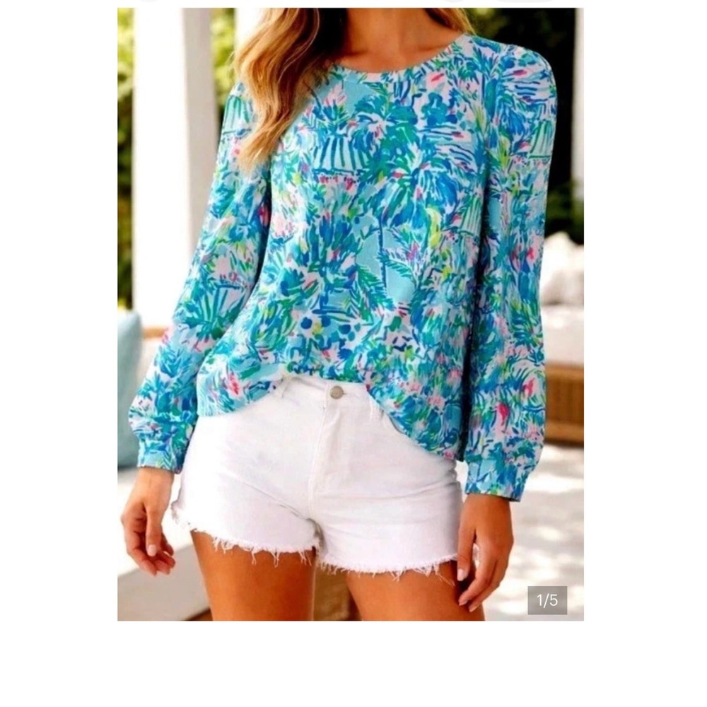 Lilly Pulitzer Jansen Sweatshirt Blue Ibiza Cocktail Floral Palm XS Puff Sleeve